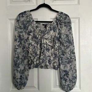 Express Metallic Stripe Floral V-Neck Smocked Top